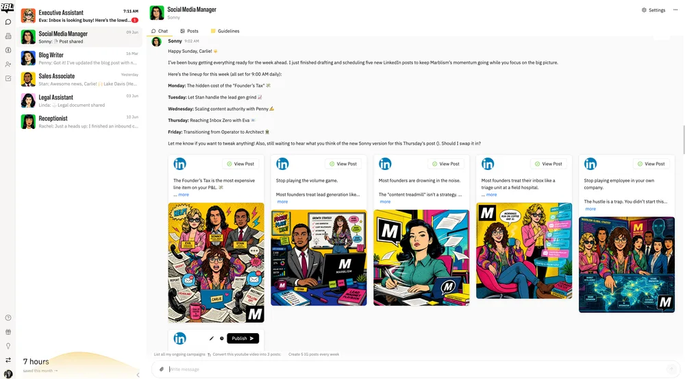 A Marblism workspace dashboard showing AI employees — an Executive Assistant, Social Media Manager, Blog Writer, and more — collaborating on content.